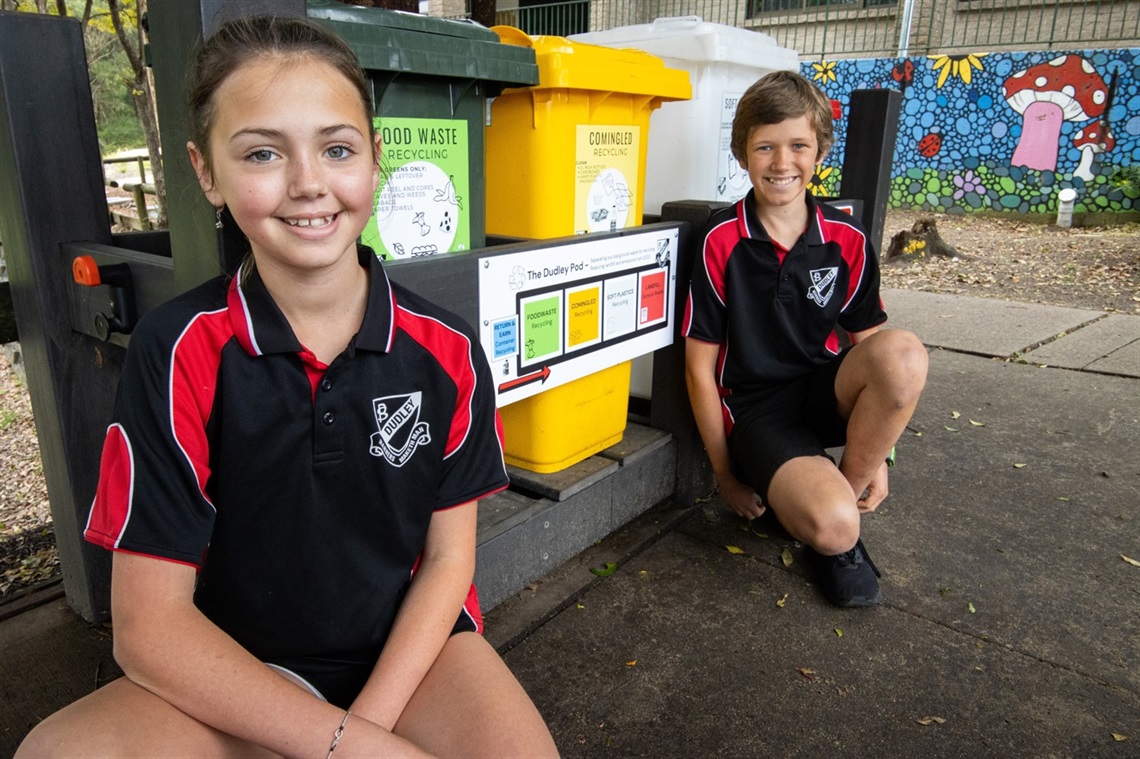 Year 6 Green Team students Xaviah Baldwin and Jesse Walter with the new recycling bins.jpg