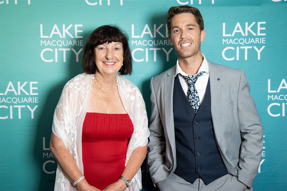 Lake Macquarie Mayor Kay Fraser and 2021 Lake Macquarie Ambassador Jonathon Power at the 2021 Lake Mac Awards ceremony.jpg